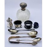 A collection of hallmarked silver items (165g) along with a silver topped scent bottle (no