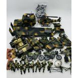 A collection of modern military toys including vehicles, action figurines, weapons, fencing etc