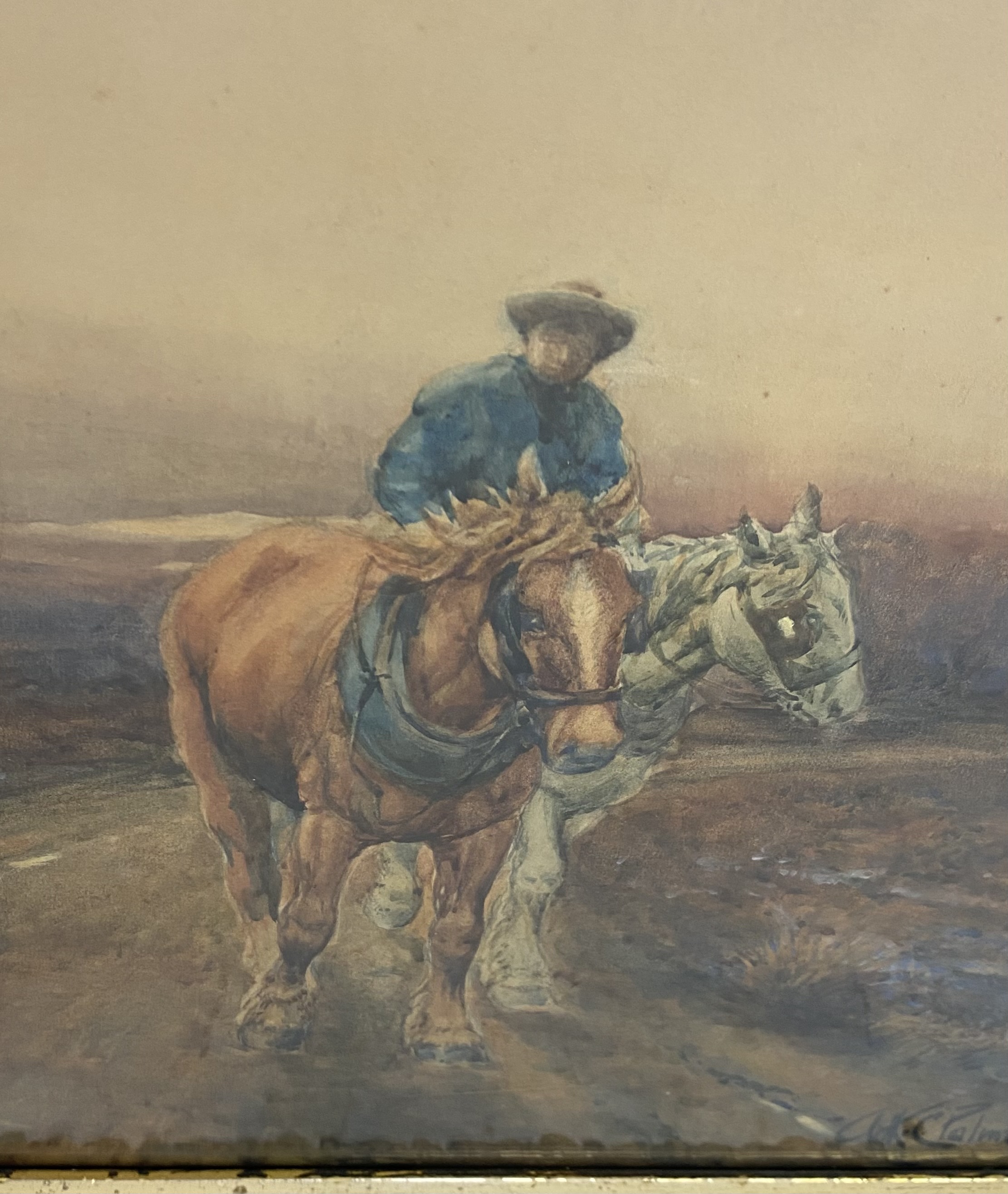 A large gilt framed watercolour of a man on horseback leading another horse signed Arthur C - Image 3 of 7