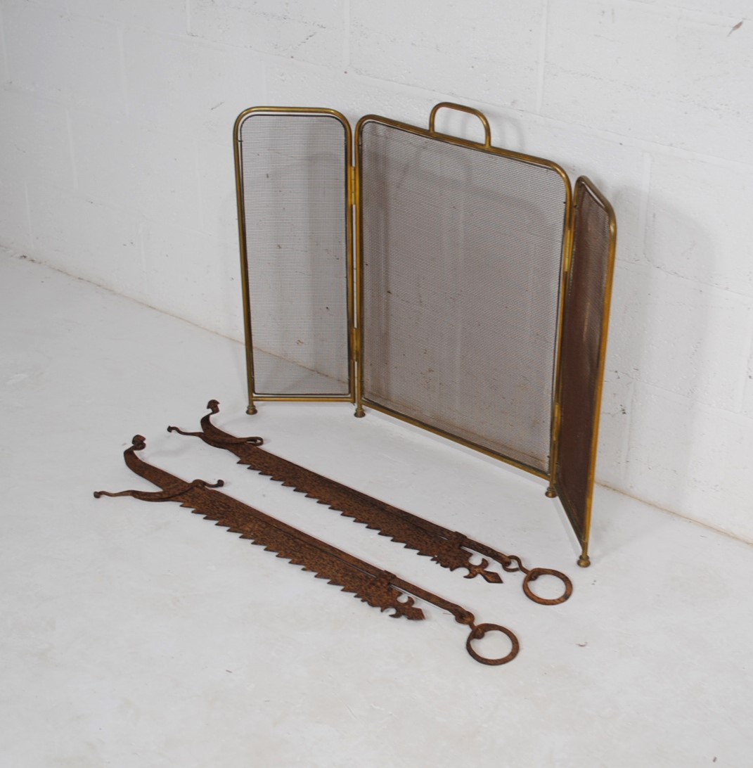 A pair of antique chimney crooks, along with a brass folding fire guard - Image 2 of 4