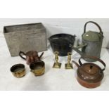A collection of various items including galvanised Walls tub, brass candlesticks, copper kettle etc.