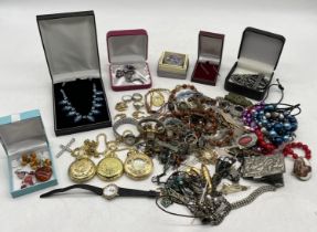 A collection of various costume jewellery, pocket watches etc.