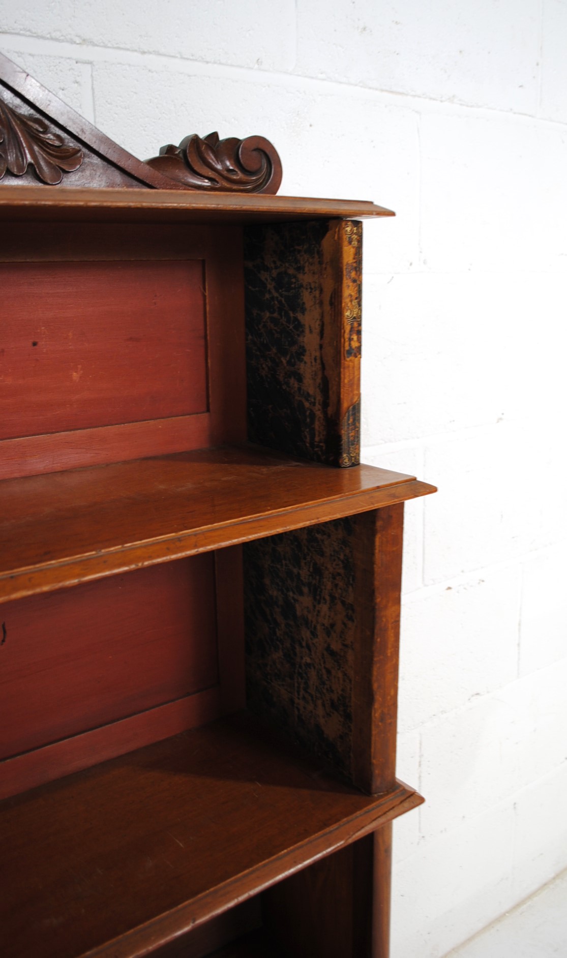 A Victorian mahogany waterfall bookcase, with leather covered ends in the form of books and carved - Image 6 of 10