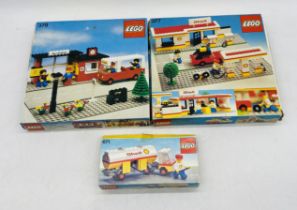 Three boxed vintage Lego Legoland sets including Bus Station (379), Shell Service Station (377) &