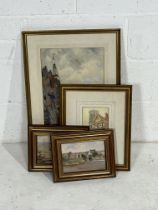 A framed watercolour of Cornish fisherman in harbour with indistinct signature, Pair of framed
