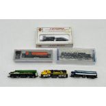 A collection of six N Gauge model railway locomotives including a boxed Bachmann Union Pacific 2-6-2