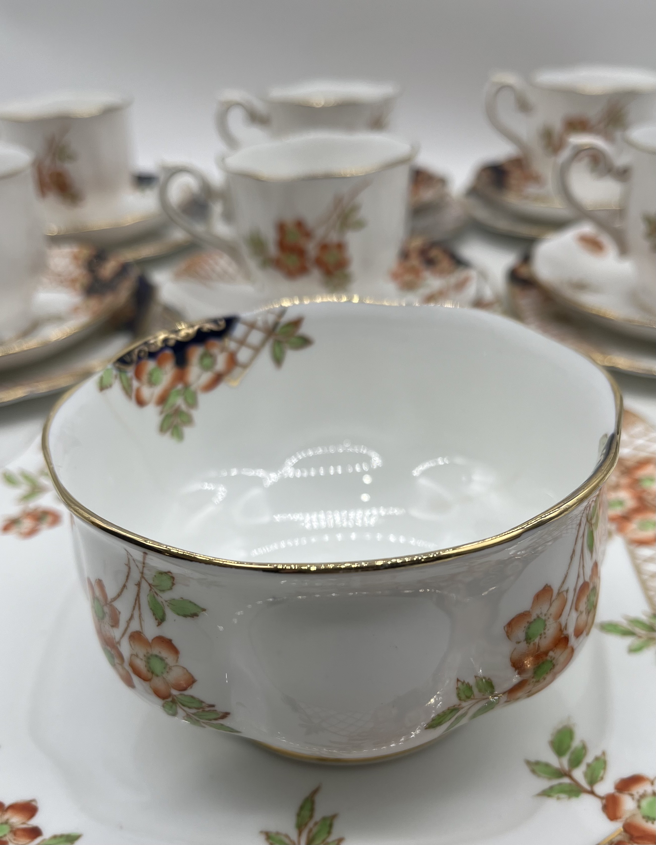 A Royal Albert Crown China tea set pattern 938015 including one sandwich plate, six trios, a milk - Image 9 of 12
