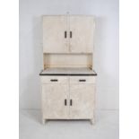 A retro kitchen cabinet, with top cupboard, enamel top, two drawers and cupboard under - length