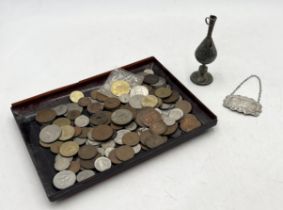 A collection of various coinage along with a silver sherry decanter label, Eastern SCM vase etc.