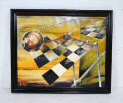 A framed abstract oil on canvas, of a wrecking ball and checkerboards, signed and dated 'J