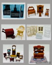 A collection of dolls house furniture including display cabinet, oven set, rug, dresser, chairs,