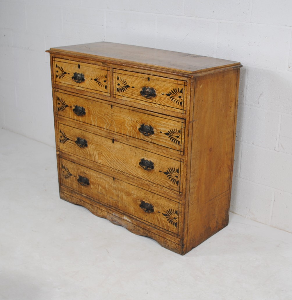 An antique pine chest of five drawers, with painted decoration and metal Art Nouveau handles - - Image 2 of 10