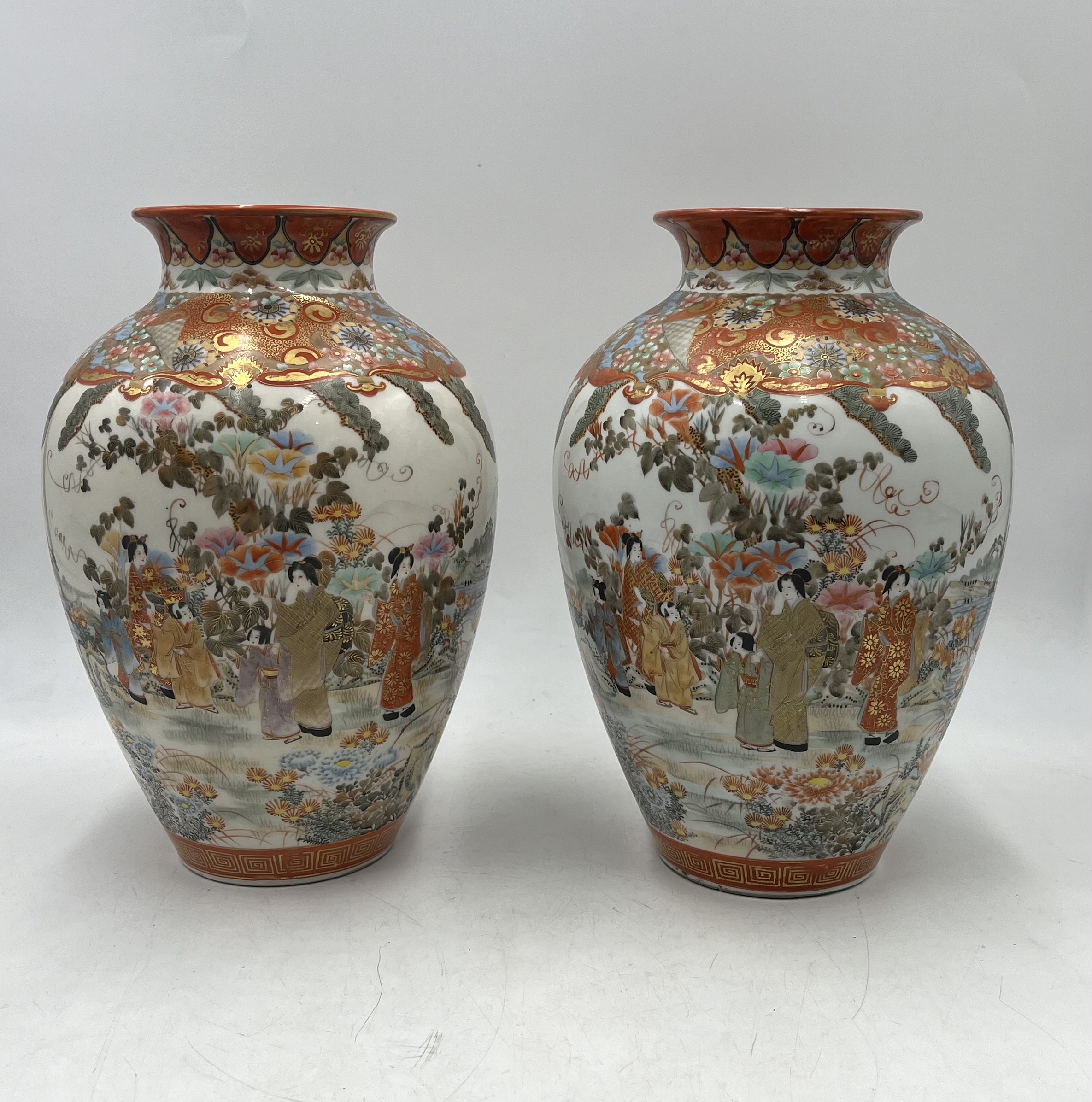 A pair of Japanese Kutani ware vases with six-character marks to base. Approximate height 30cm - Image 2 of 4