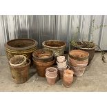 A collection of various terracotta pots along with a large earthenware planter with Chinese dragon