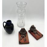 A small Western German blue vase along with a pair of bookends in the form of toads and large cut
