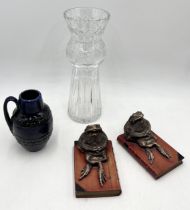 A small Western German blue vase along with a pair of bookends in the form of toads and large cut
