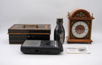 A mixed lot, including an oak bracket clock, Panasonic RQ-2102 cassette recorder, cash tin etc.