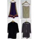 A collection of four 1970's vintage clothing including Susan Small long purple skirt with