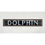 A modern enamel "Dolphin" sign mounted on wooden board - 74cm x 14cm