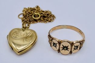 A tested 9ct gold ring size R along with a 9ct front and back locket on a 9ct gold chain ( total