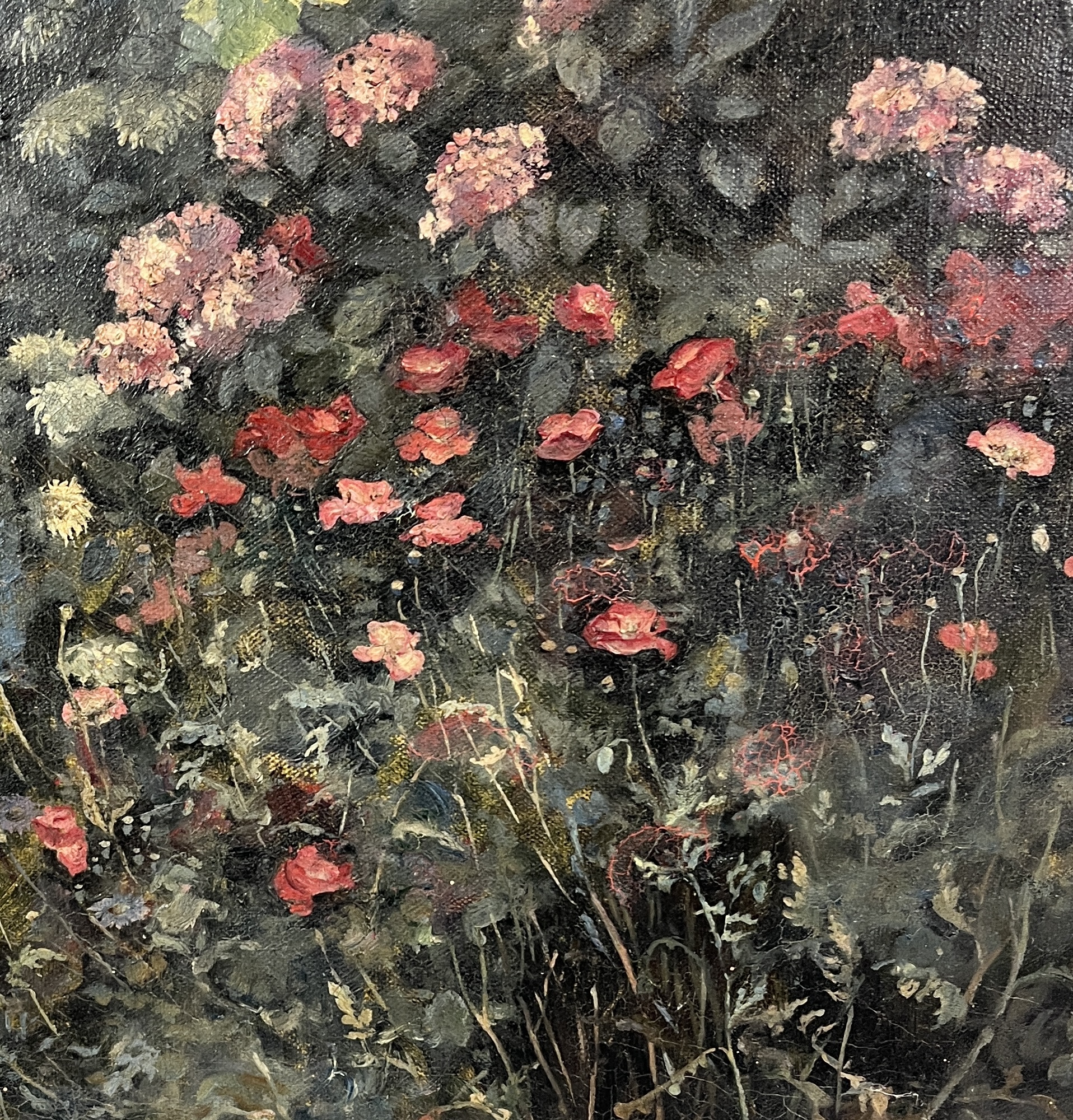 A large oil unsigned on canvas of a rural valley with flowers in the foreground, small tear in - Image 3 of 3