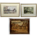 Two William Russell Flint framed prints along with a inlaid wooden picture of elephants