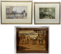 Two William Russell Flint framed prints along with a inlaid wooden picture of elephants