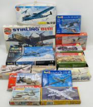 A collection of boxed military vehicles plastic model kits including Airfix Short Stirling BI/III