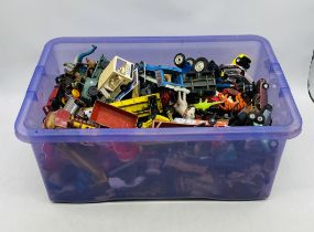 A large box of various playworn die-cast vehicles including Corgi Toys, Solido, Herpa, Matchbox etc,