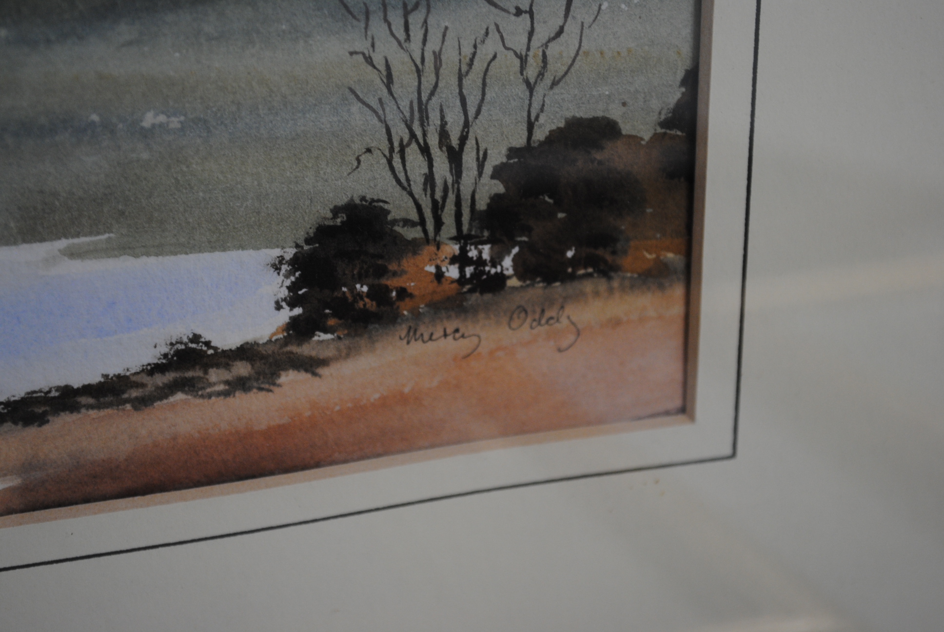 Five framed paintings, comprising two landscape watercolours signed 'Mercy Oddy', two landscape - Image 3 of 14