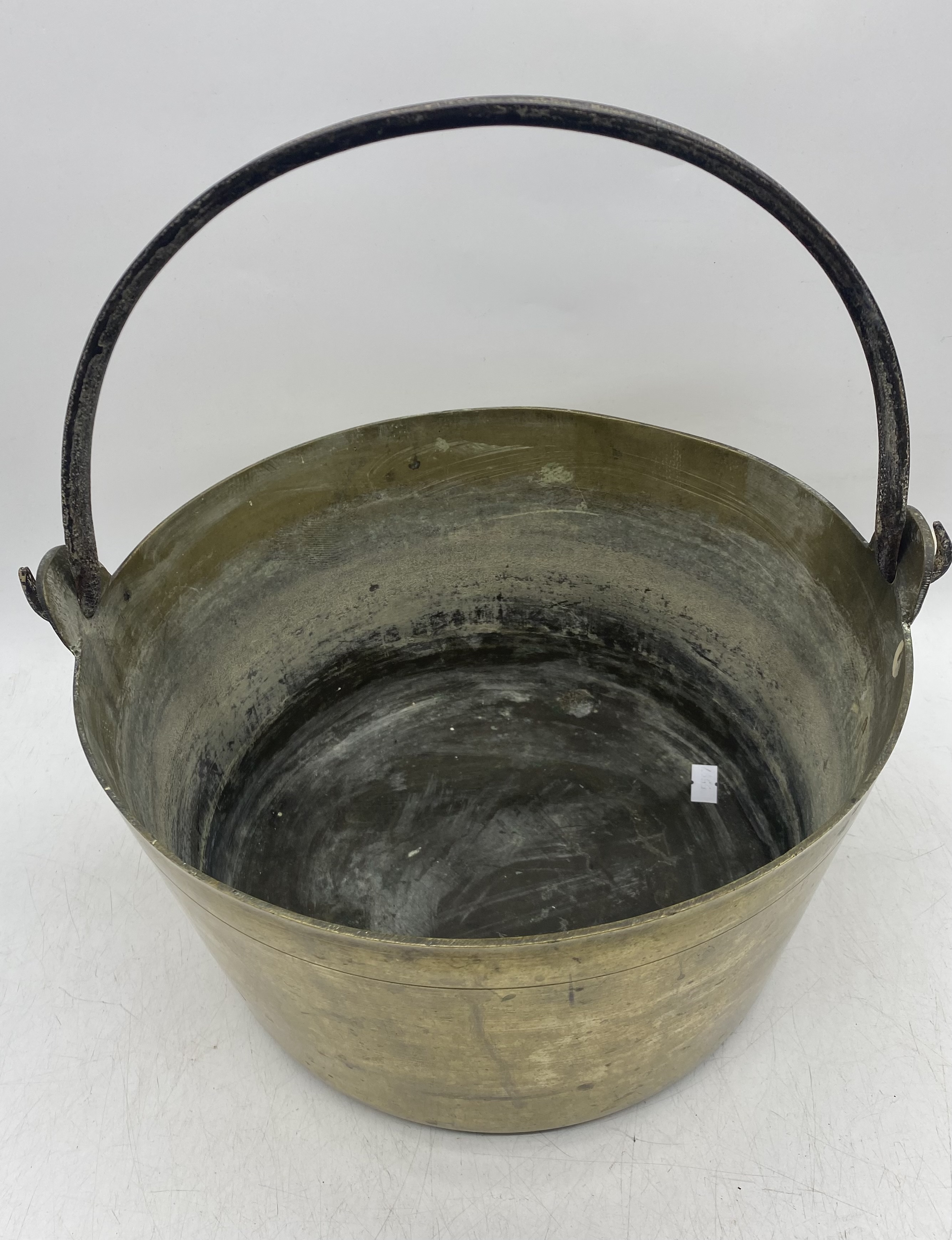 A brass jam pan, two brass watering cans, saucepans etc. - Image 3 of 13