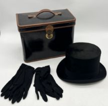 A velvet top hat by Alb. B Timmermann in leather case with two pairs of black gloves