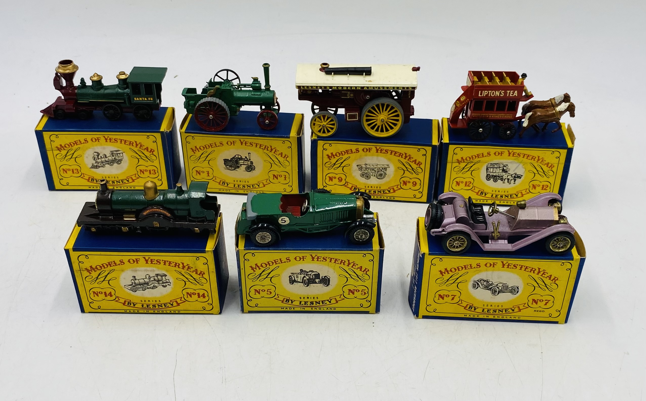 A collection of seven boxed Lesney Models of Yesteryear die-cast vehicles including The Allchin