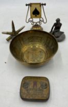 An Eastern brass bowl, bridge indicator, trench art etc.