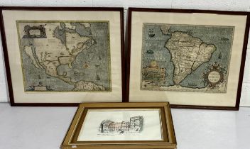 A pair of vintage framed prints depicting maps of North and South America from around 1631 along