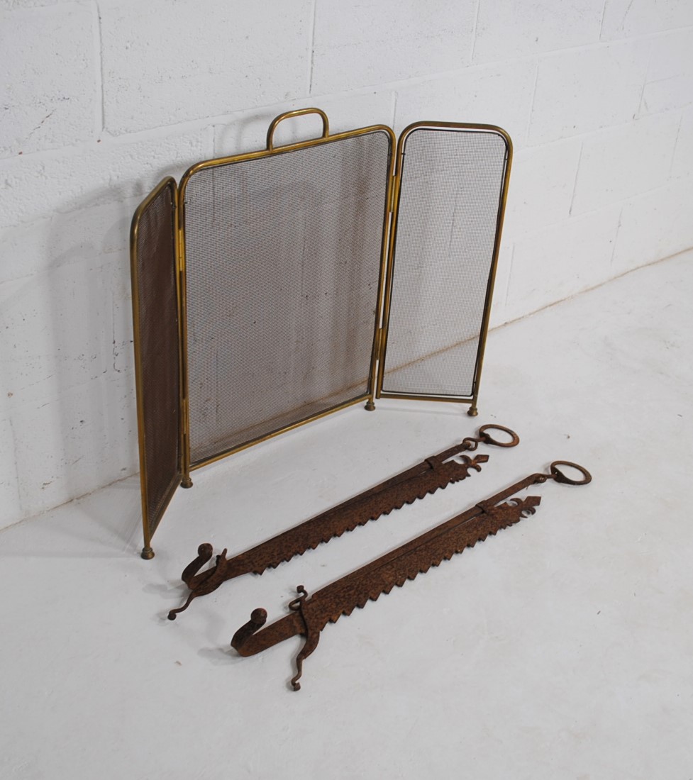A pair of antique chimney crooks, along with a brass folding fire guard - Image 3 of 4