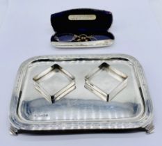 A hallmarked silver inkstand - no inkwells (weight 240g) along with a pair of pince-nez in