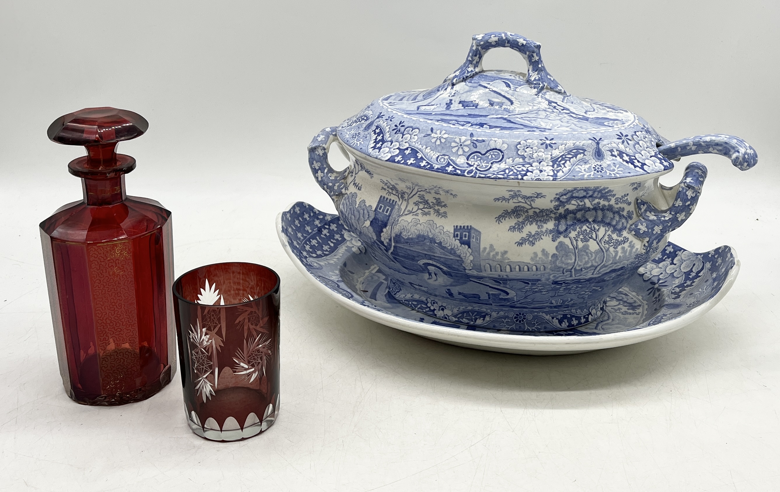 A Spode & Garrett "Old Spode" blue and white lidded tureen with dish and ladle along with a bohemian