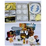 A collection of dolls house accessories including dinner/tea/coffee sets, framed portraits, jug,