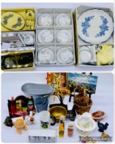A collection of dolls house accessories including dinner/tea/coffee sets, framed portraits, jug,