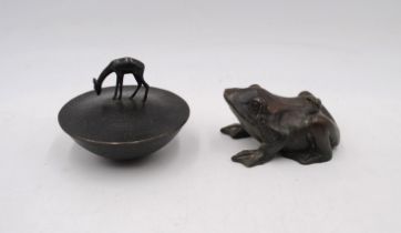 A bronze figure of a frog, along with a bronze lidded Rivoli bowl with deer to lid