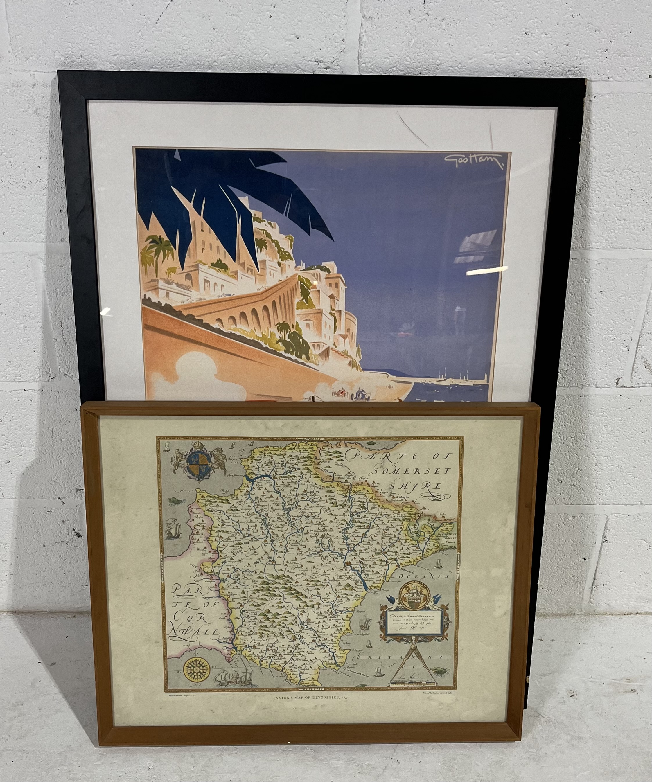 A framed Monaco 1937 dated racing poster, and a framed Devonshire map by Saxtons 1575.
