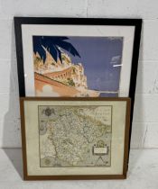 A framed Monaco 1937 dated racing poster, and a framed Devonshire map by Saxtons 1575.