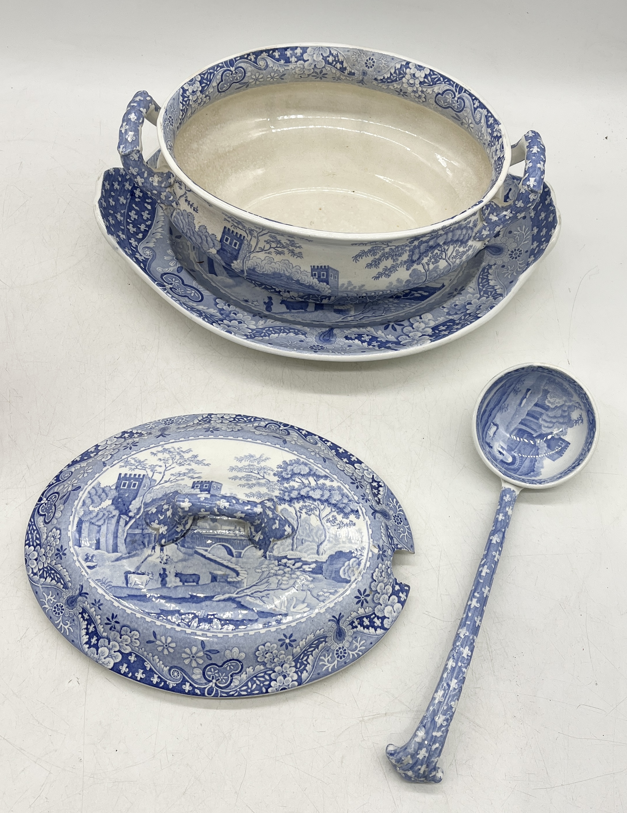 A Spode & Garrett "Old Spode" blue and white lidded tureen with dish and ladle along with a bohemian - Image 4 of 5