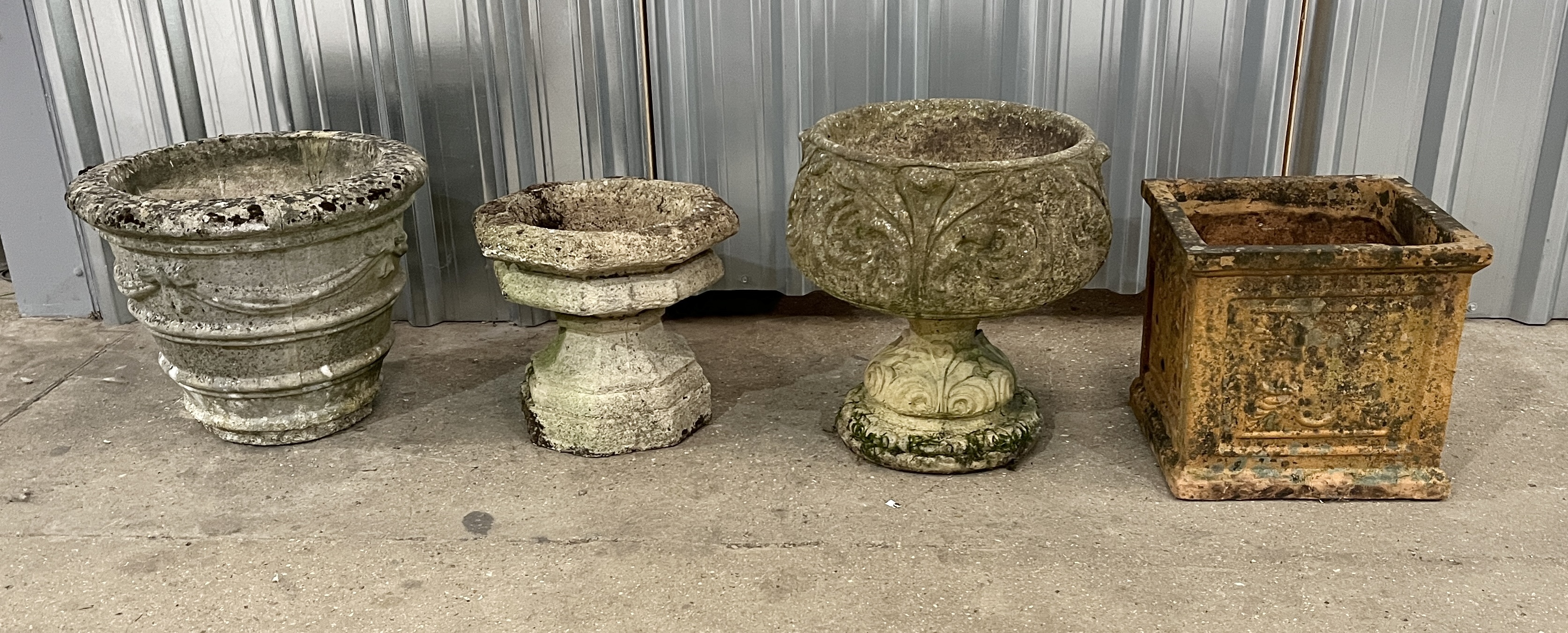 Three reconstituted stone planters including urn on stand along with a weathered terracotta planter - Image 2 of 6