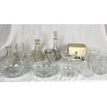 A collection of cut glass including Georgian decanter, Waterford Crystal compote dish, Whitefriars