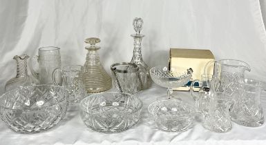A collection of cut glass including Georgian decanter, Waterford Crystal compote dish, Whitefriars