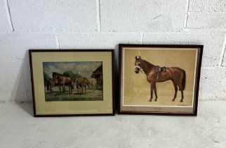 A framed signed print of Red Rum by Neil Cawthorne and a framed watercolour "Veterans" by H.