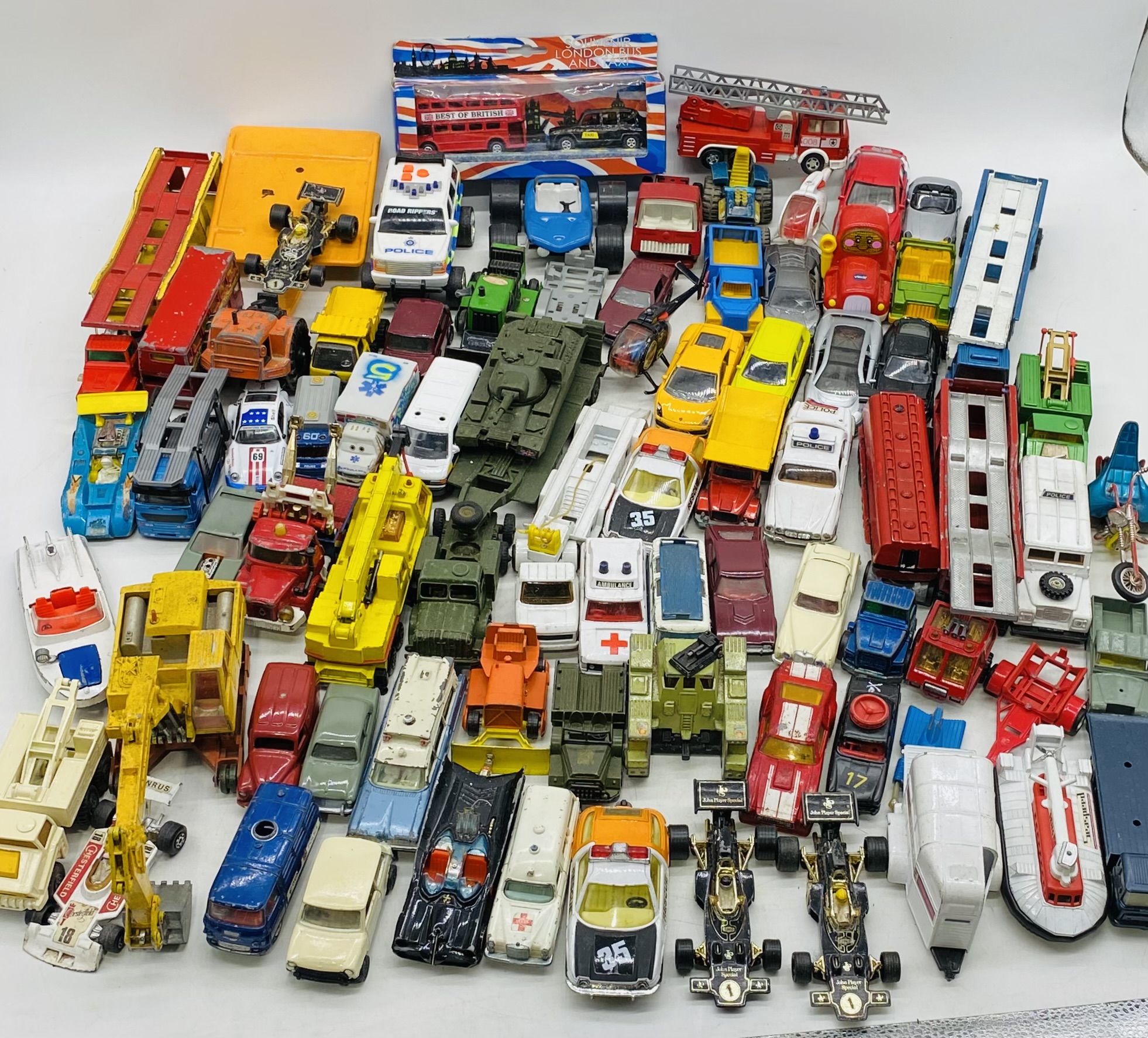 A collection of playworn die-cast vehicles including Matchbox, Tonka, Corgi Toys, Lesney etc