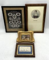 A framed signature of Queen Victoria, along with gilt framed family portrait and two others.